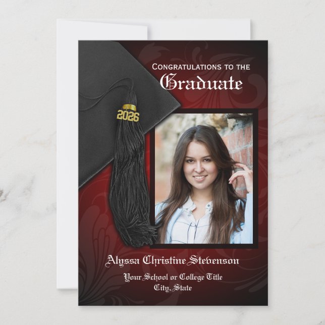 2025 Black and Red Tassel Charm Photo Graduation Invitation (Front)