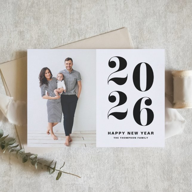 2025 Black Bold Typography New Year Photo Holiday Card (Customizable black and white Happy New Year Photo Card featuring 2026 in retro bold typography.)