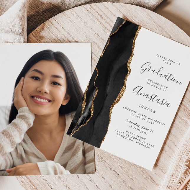 2025 Black Gold Agate Photo Graduation Invitation (Creator Uploaded)
