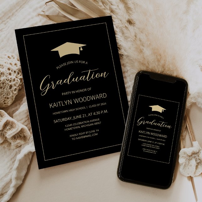 2025 Black Gold Cap Modern Graduation Party Invitation (Creator Uploaded)