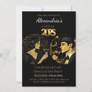 2025 Black Gold Cocktail & Caps Graduation Party Invitation