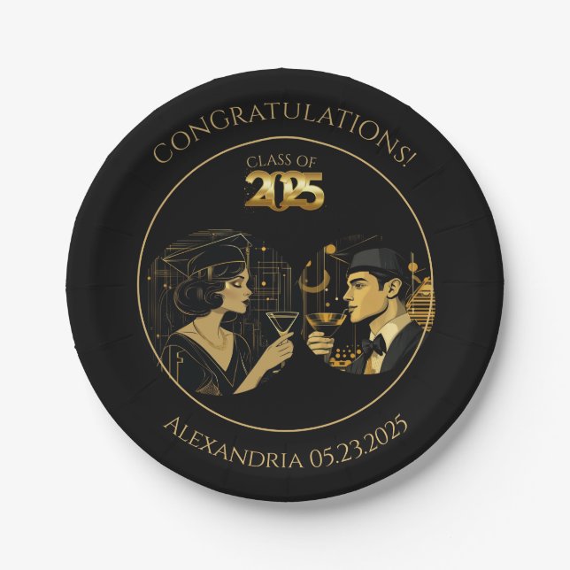 2025 Black Gold Cocktail & Caps Graduation Party Paper Plate (Front)