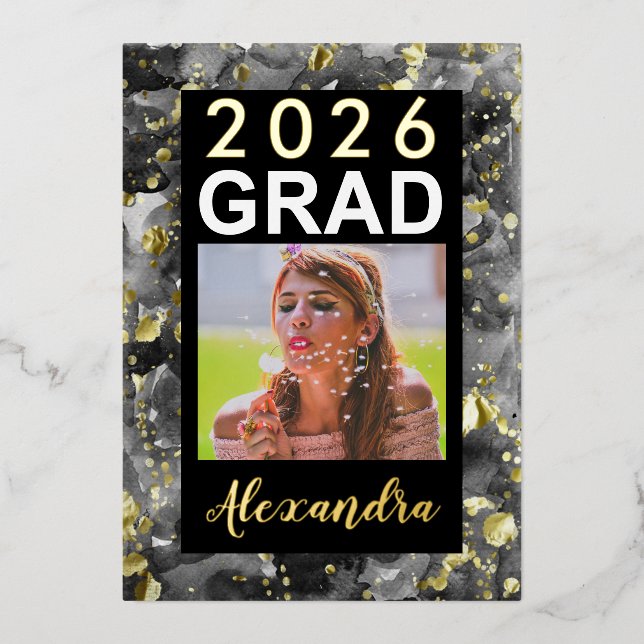2025 Black Gold Watercolor Art Photo Graduation (Front)