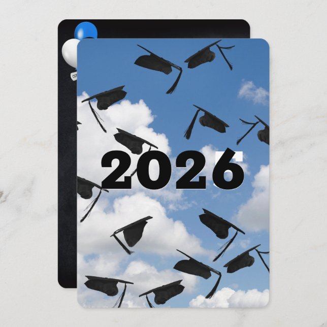 2025 Black Graduation Caps in Sky  Invitation (Front/Back)