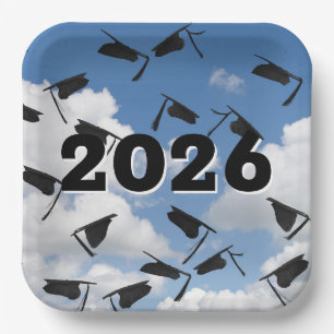 2025 Black Graduation Hats in Sky Paper Plate