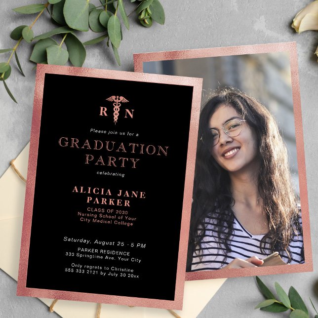 2025 black rose gold RN nurse graduation party Invitation (Creator Uploaded)