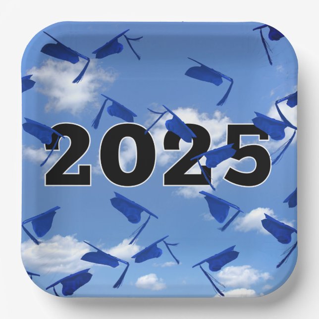 2025 Blue Graduation Caps in Sky  Paper Plate (Front)