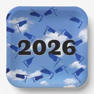 2025 Blue Graduation Caps in Sky Paper Plate