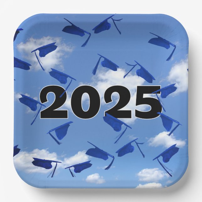 2025 Blue Graduation Caps in Sky   Paper Plate (Front)