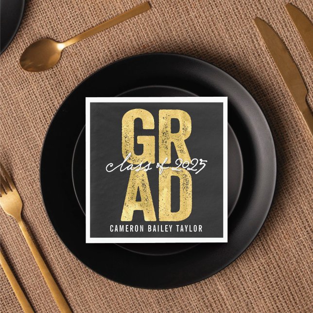 2025 Bold GRAD Gold Foil Modern Graduation Party Napkin (2025 Bold GRAD Gold Foil Graduation Party Cocktail / Luncheon / Dinner Paper Napkins by fatfatin)