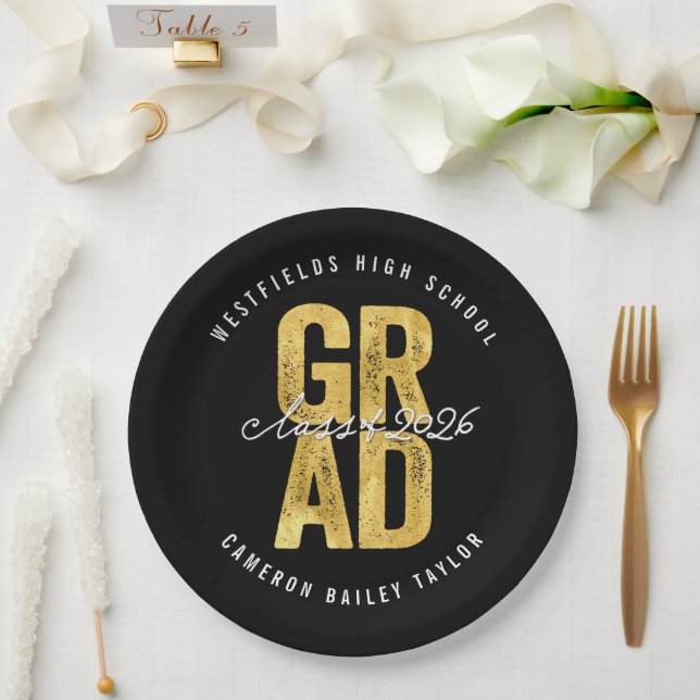 2025 Bold GRAD Gold Foil Stylish Graduation Party Paper Plate (Wedding)