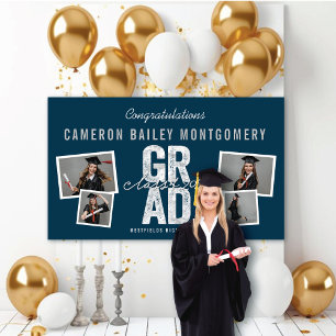 2025 Bold Silver GRAD 4 Photo Graduation Party Banner