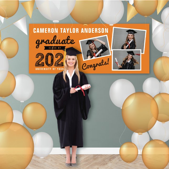 2025 Bold Sketch 3 Photo Collage Graduation Party Banner (2024 Orange And Black Sketch, 3 Photo Modern Graduation Party Banner @ www.zazzle.com/color_therapy)