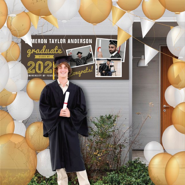 2025 Bold Sketch 3 Photo Collage Graduation Party Banner (2024 Brown & Gold Sketch 3 Photo, Modern Graduation Party Banner @ www.zazzle.com/color_therapy)