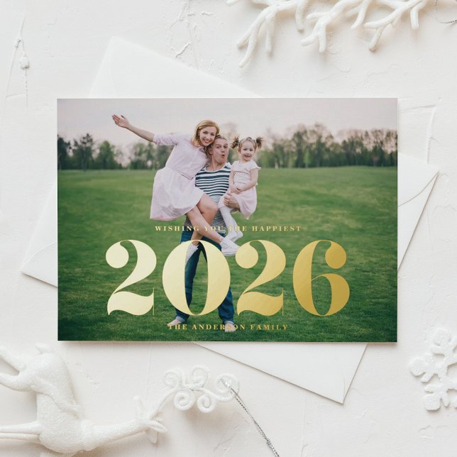 2025 Bold Typography Horizontal Photo New Year Foil Holiday Card (Send new year cheer with this customizable gold foil photo 2026 new year card.)