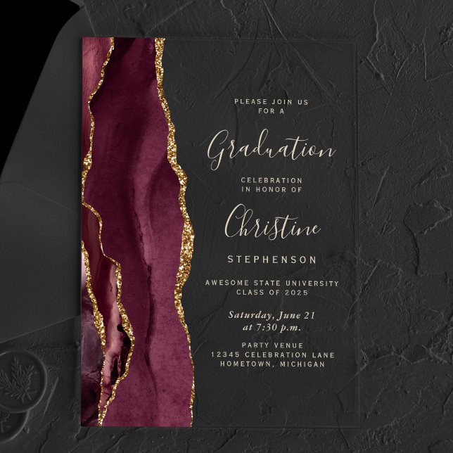 2025 Burgundy Gold Agate Gold Text Graduation Acrylic Invitations (Creator Uploaded)