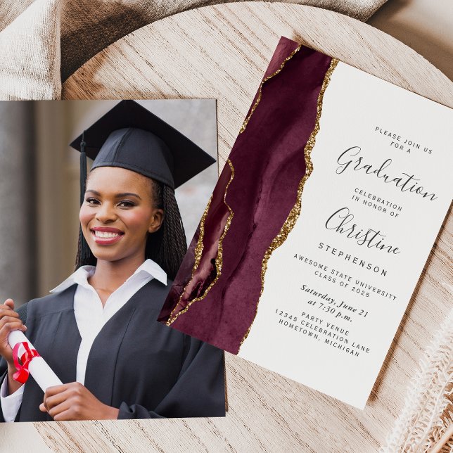 2025 Burgundy Gold Agate Photo Graduation Invitation (Creator Uploaded)