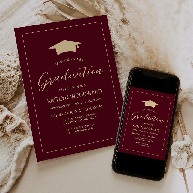 2025 Burgundy Gold Cap Modern Graduation Party Invitation (Creator Uploaded)