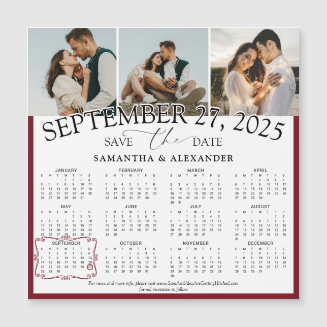 2025 Burgundy Red 3 Photo Calendar Save The Date (Front)