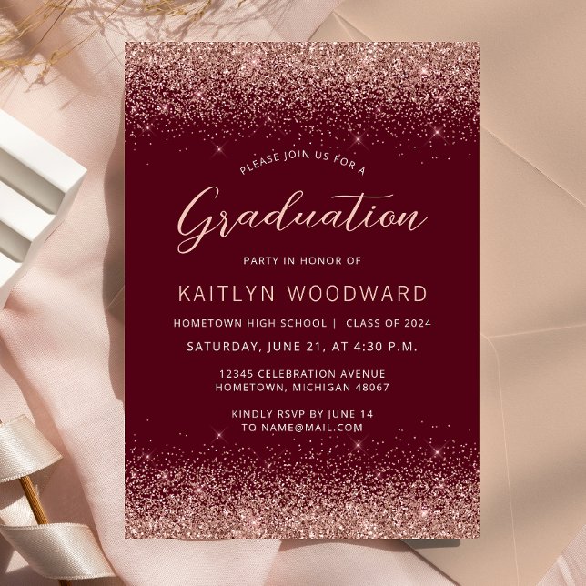 2025 Burgundy Rose Gold Glitter Graduation Party Invitation (Creator Uploaded)