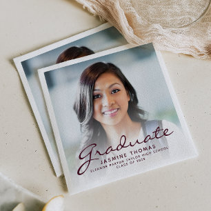 2025 Burgundy Script Photo Graduation Party Napkin