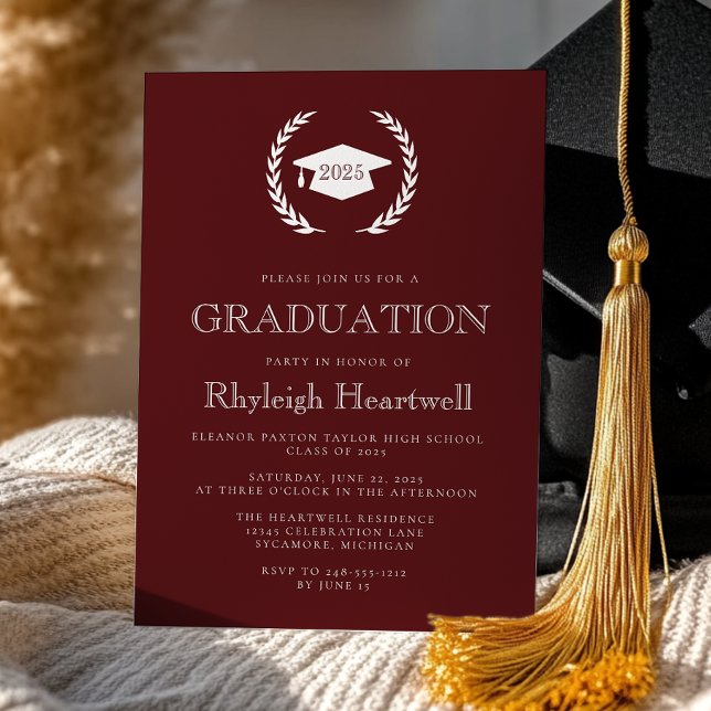 2025 Burgundy White Laurel Wreath Cap Grad Party Invitation (Creator Uploaded)