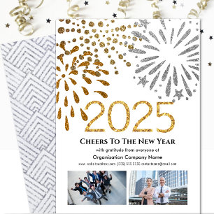 2025 Business 2 Photo Festive Fireworks Silver Holiday Card