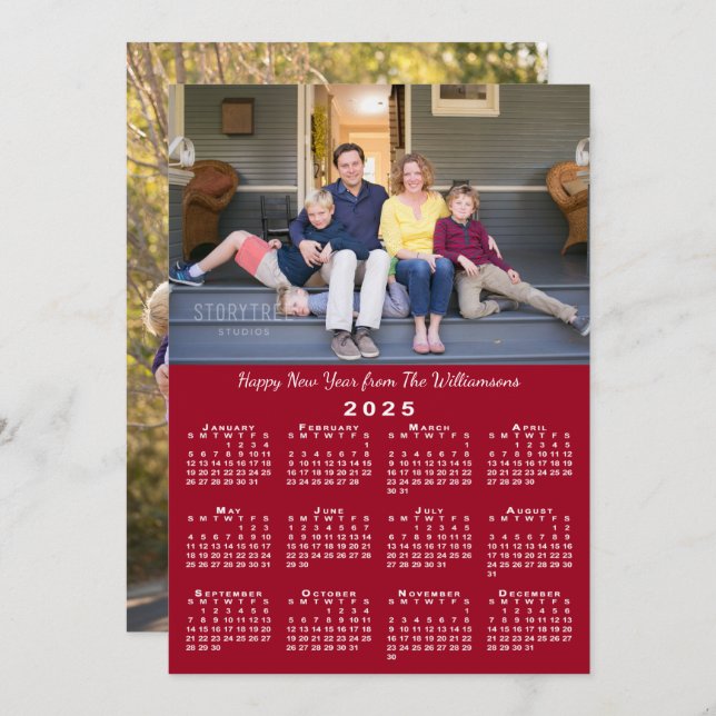 2025 Calendar 2 Custom Photos Red Happy New Year Holiday Card (Front/Back)