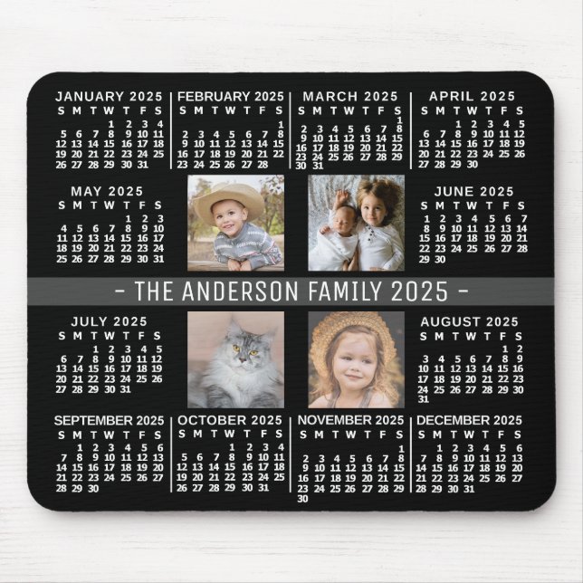 2025 Calendar 4 Custom Photo Name Black White Grey Mouse Mat (Front)
