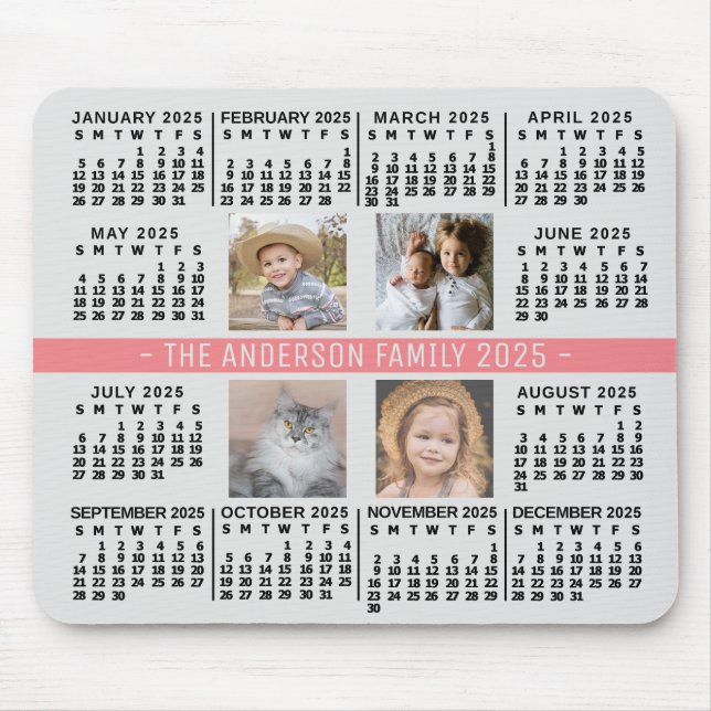 2025 Calendar 4 Custom Photo Name Grey Coral Black Mouse Mat (Front)