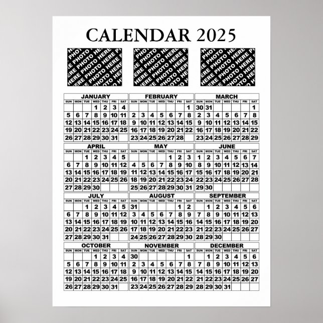 2025 Calendar Add 3 Photos Poster White 18x24in (Front)