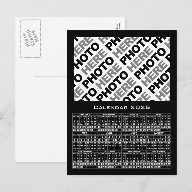2025 Calendar Add Photo Black Postcard (Front/Back)