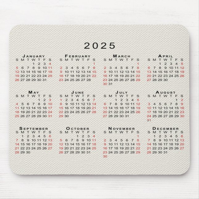 2025 Calendar Beige Faux Canvas Texture Mouse Mat (Front)