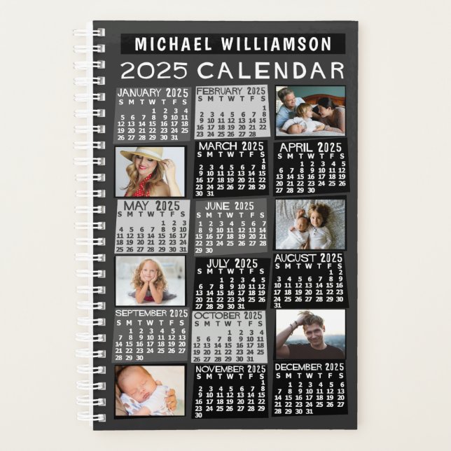 2025 Calendar Black Mod 12 Photo Collage Name Sm Planner (Front)