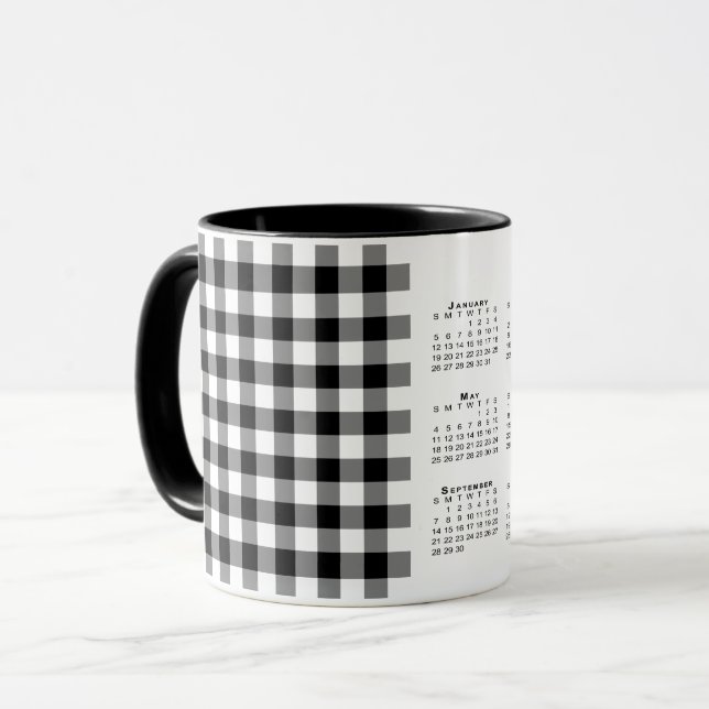 2025 Calendar Black White Gingham Plaid Template Mug (Front Left)