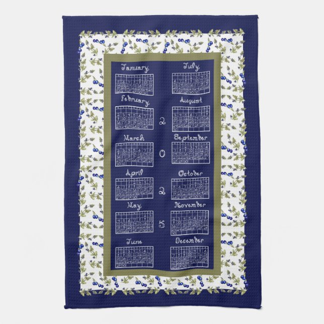 2025 Calendar Blueberries Stem Leaves Navy Tea Tea Towel (Vertical)
