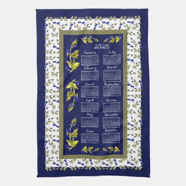 2025 Calendar Blueberries Stemmed Leaves Navy Tea Tea Towel (Vertical)