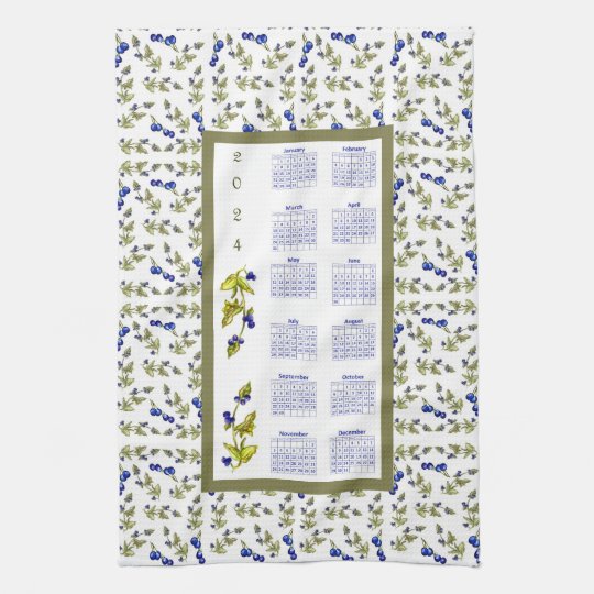 2025 Calendar Blueberries Stemmed Leaves, white Tea Towel Zazzle.co.uk