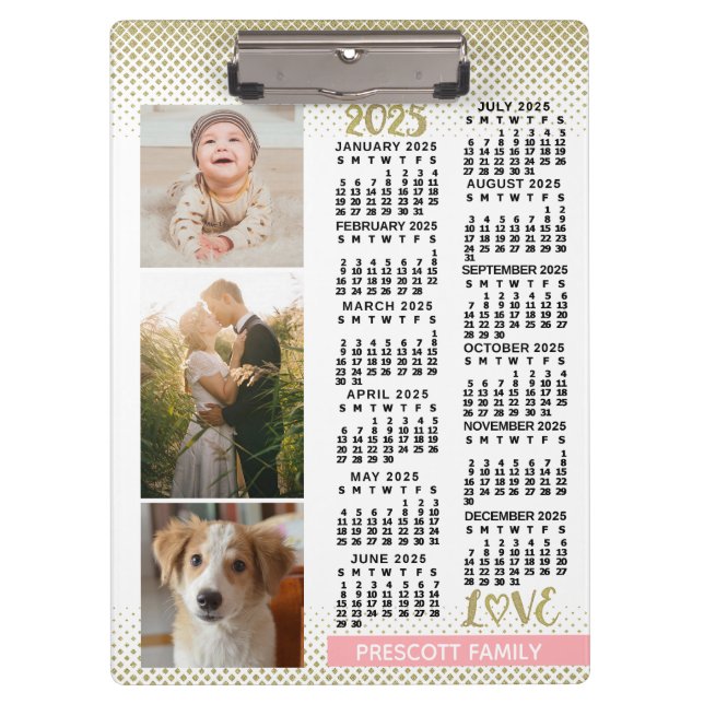 2025 Calendar Blush Pink Gold Family Photo Collage Clipboard (Front)