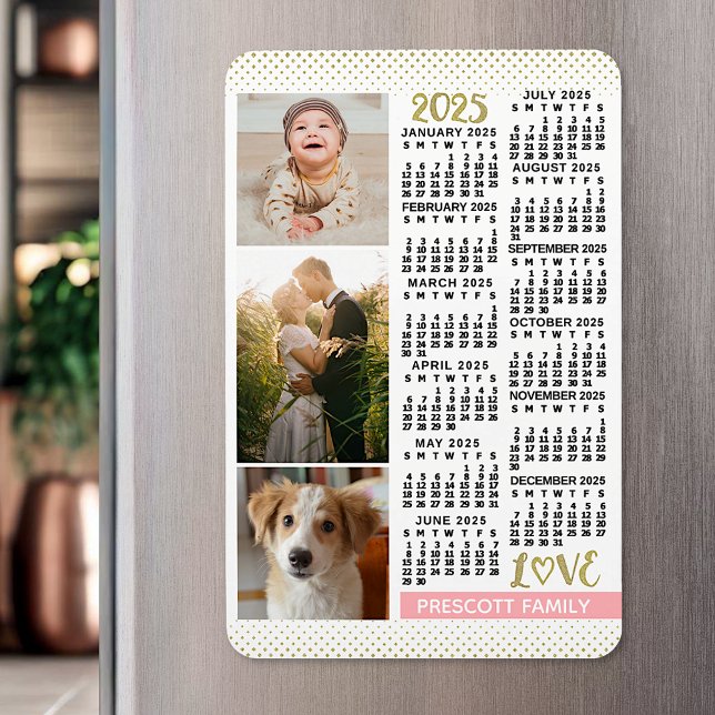 2025 Calendar Blush Pink Gold Family Photo Collage Magnet (Creator Uploaded)