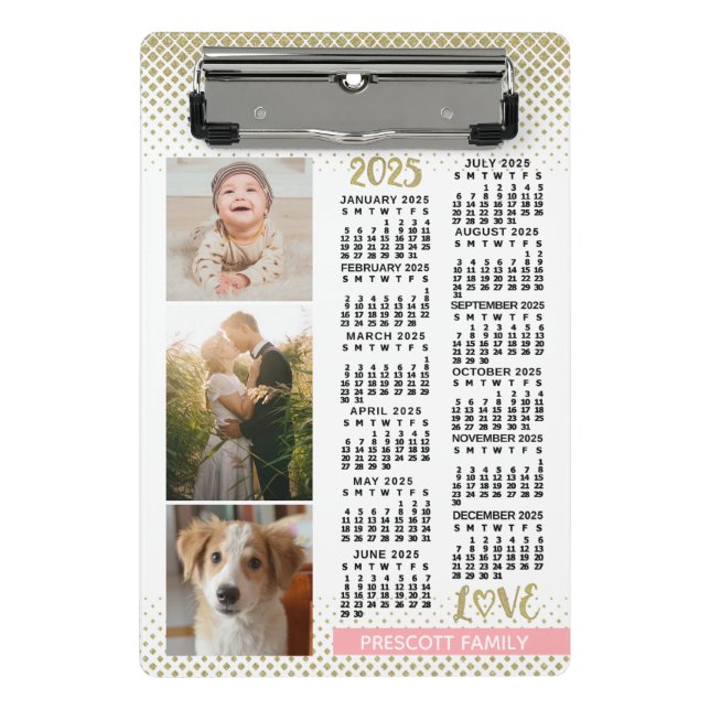 2025 Calendar Blush Pink Gold Family Photo Collage Mini Clipboard (Front)
