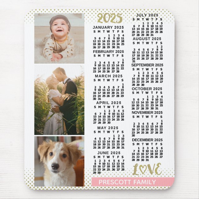 2025 Calendar Blush Pink Gold Family Photo Collage Mouse Mat (Front)
