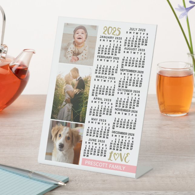 2025 Calendar Blush Pink Gold Family Photo Collage Pedestal Sign (In SItu)