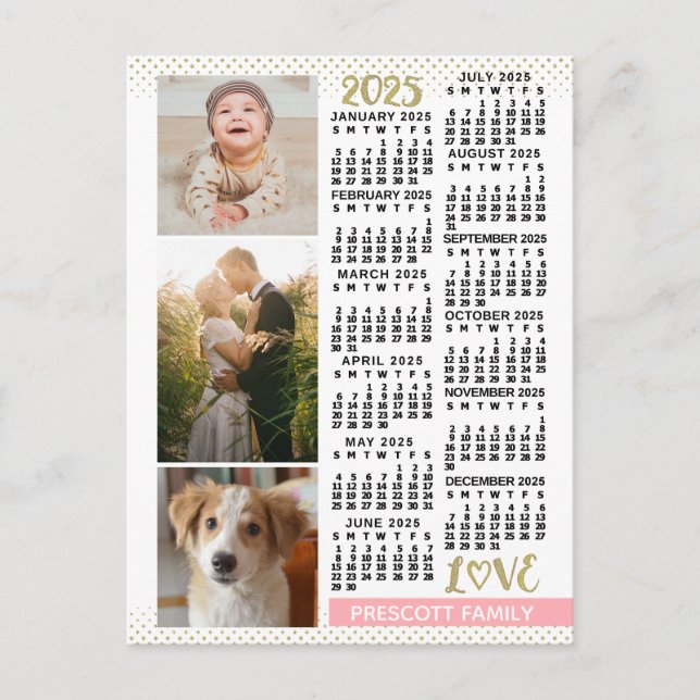 2025 Calendar Blush Pink Gold Family Photo Collage Postcard (Front)
