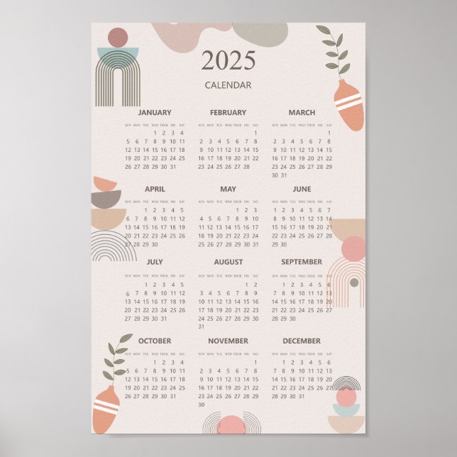 2025 Calendar Boho Mid Century Abstract Minimalist Poster (Front)