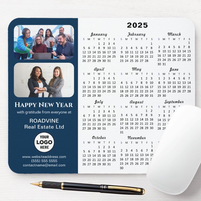 2025 Calendar Business Logo 2 Photo Modern Blue Mouse Mat (Creator Uploaded)