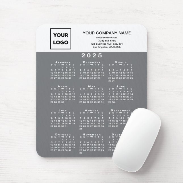 2025 Calendar Business Logo and Text Grey White Mouse Mat (With Mouse)