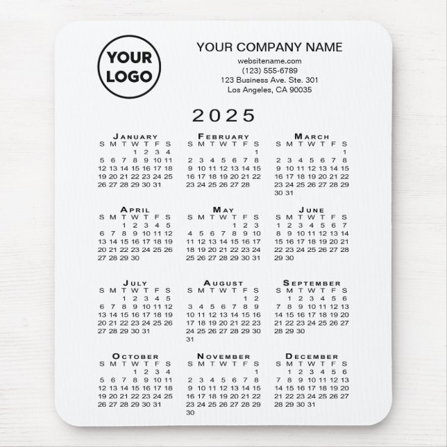 2025 Calendar Business Logo and Text on White Mouse Mat (Front)