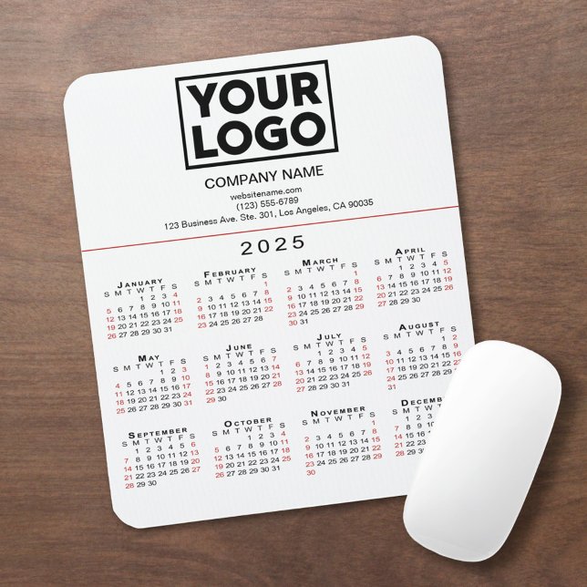 2025 Calendar Business Logo and Text on White Mouse Mat (2025 Calendar Business Logo and Text on White Mouse Pad in situ)