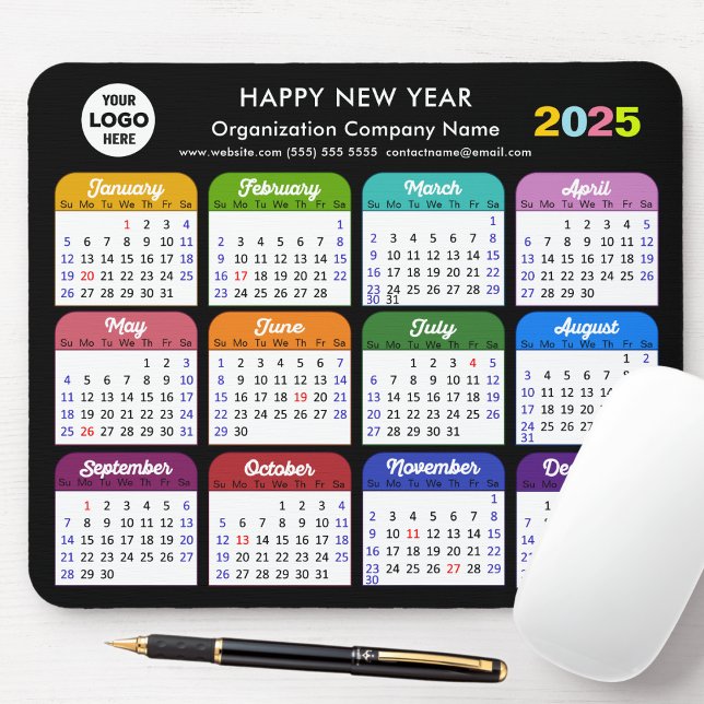2025 Calendar Business Logo Modern Black Colourful Mouse Mat (Creator Uploaded)